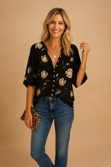 Gardenia | Floral Button-Down Neck Blouse 0