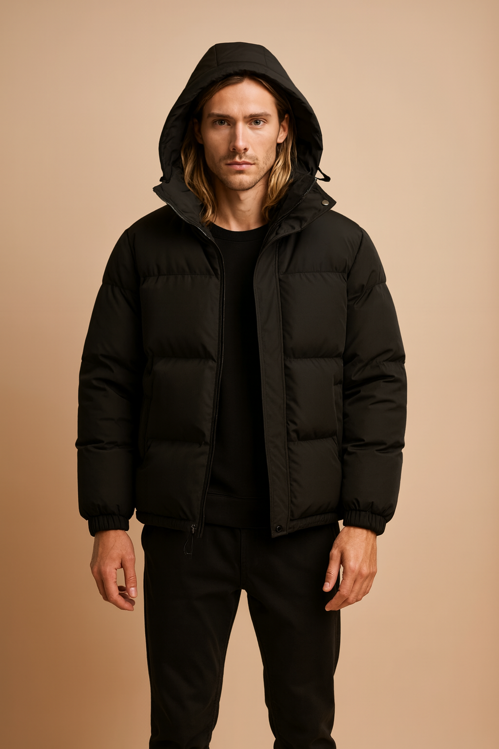 Men's Quilted Winter Jacket with Hood and Zipper 0