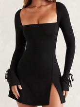 Elegant Black Maxi Dress for Women with High Slit and Long Sleeves – Perfect Wedding Guest and Formal Attire 1