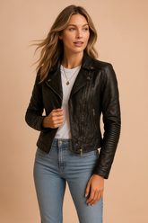 Women's biker jacket with zipper and stand-up collar 0