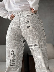 Pantalon Droit Imprimé Blanc Patchwork – Élégance et Polyvalence