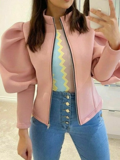 Veste Chic à Manches Bouffantes et Fermeture Éclair pour Femme