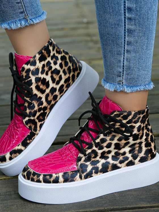 Women's Leopard Print High Top Platform Lace-up Casual Shoes 1