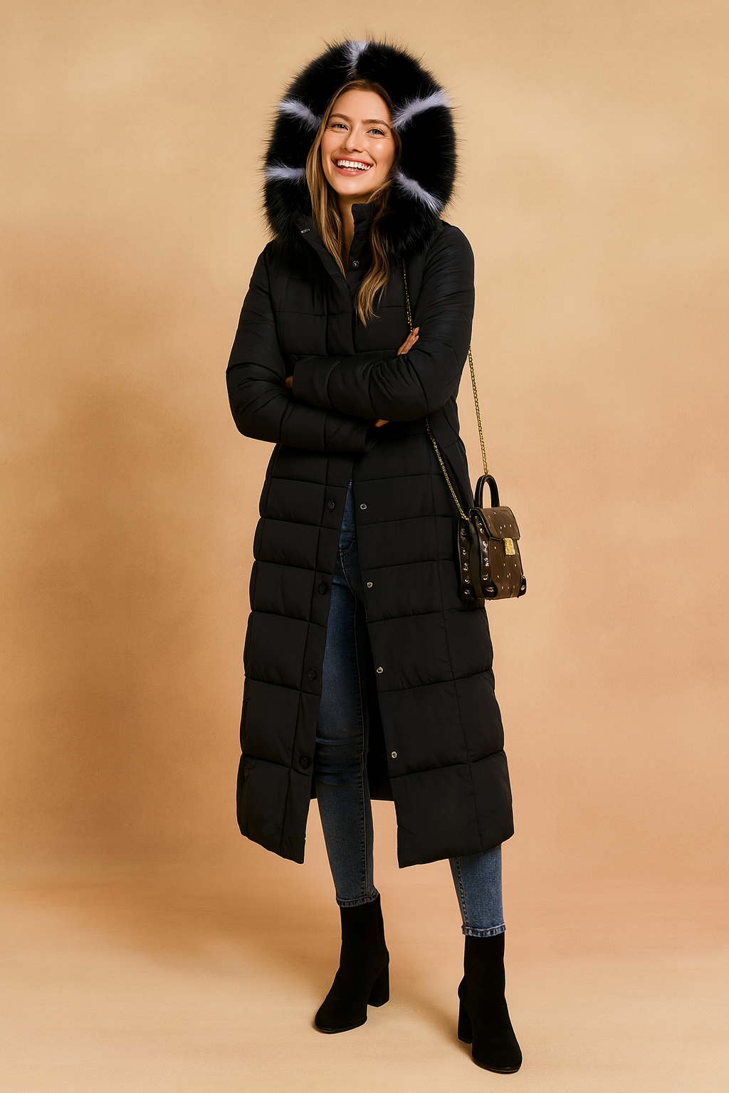 Alicja | Long quilted jacket with a belt and fur collar 1
