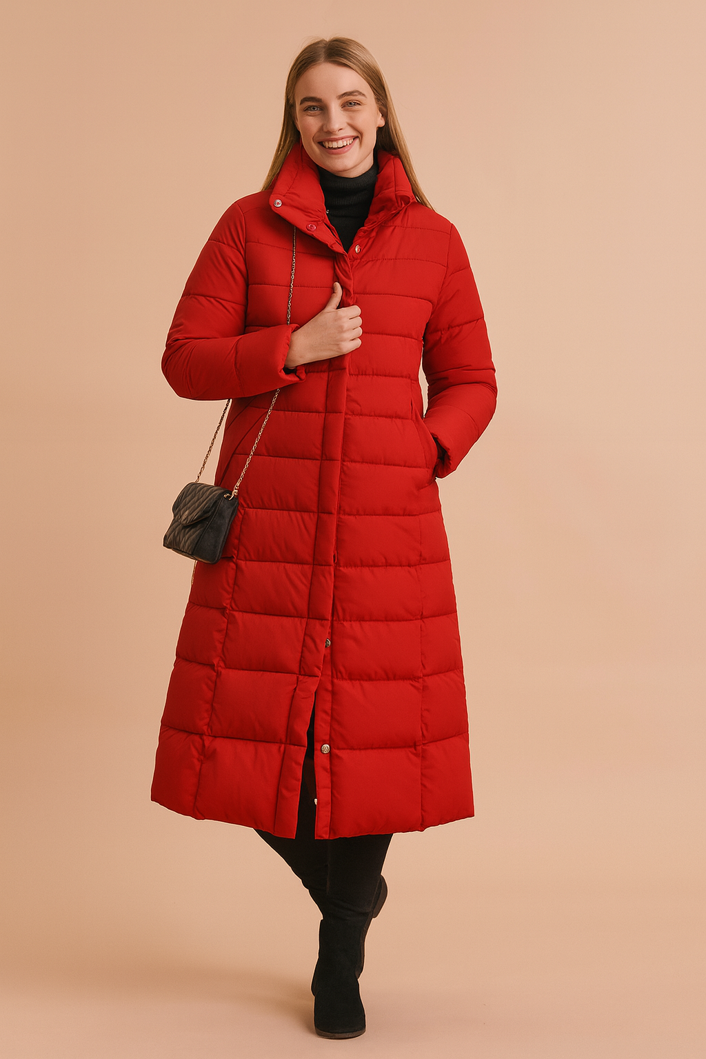 Alicja | Long quilted jacket with a belt and fur collar 4