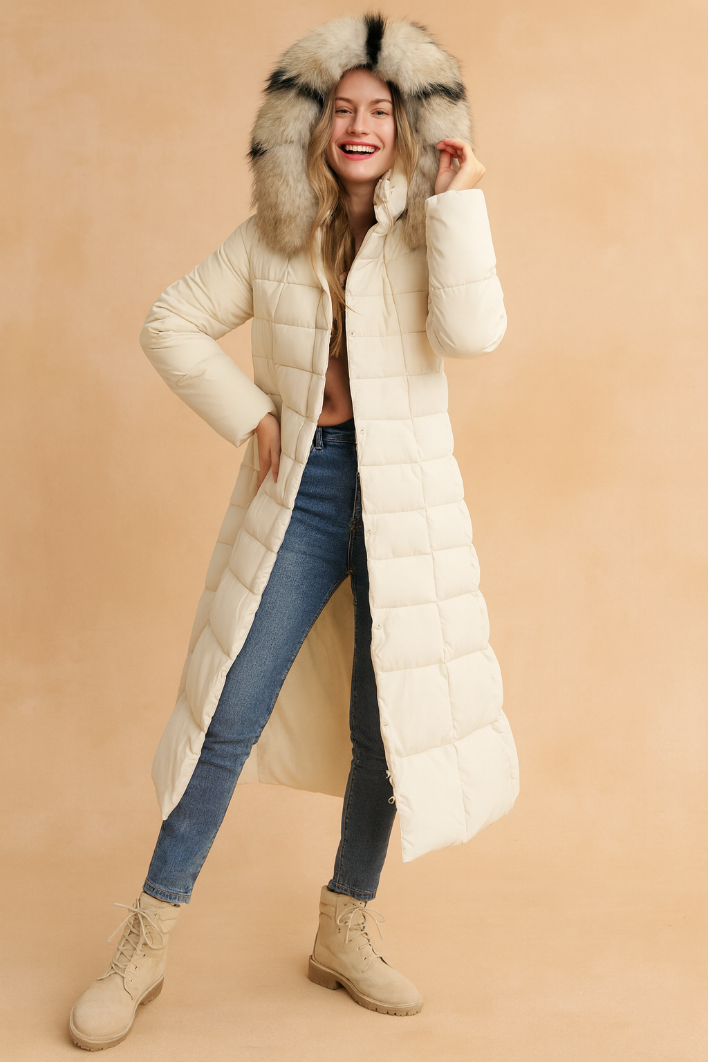 Alicja | Long quilted jacket with a belt and fur collar 5