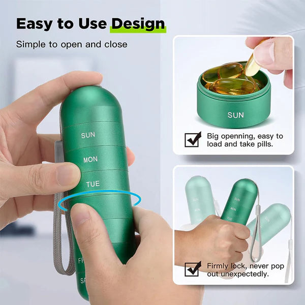 Aluminum 7-day portable pill organizer for travel, pill box pill container 7
