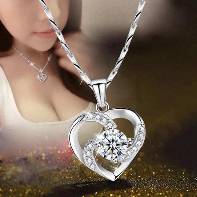 Crystal Heart Necklace - 925 Sterling Silver Pendant CZ Crystal 0