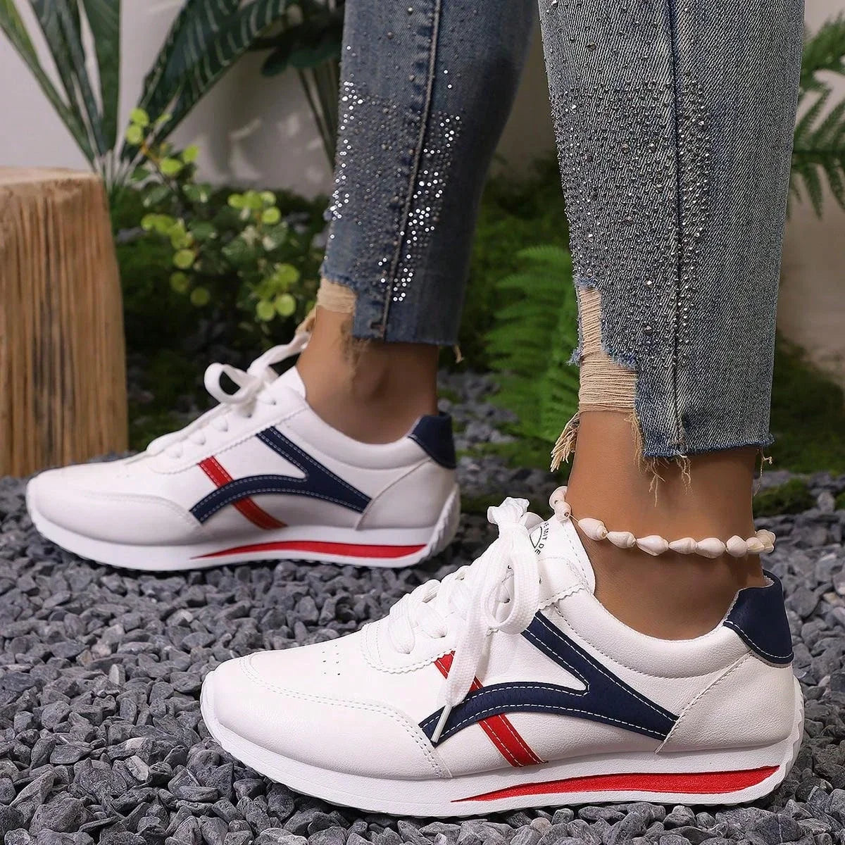 Cushioned White Striped Sneakers for Women – Stylish & Comfortable Design 1