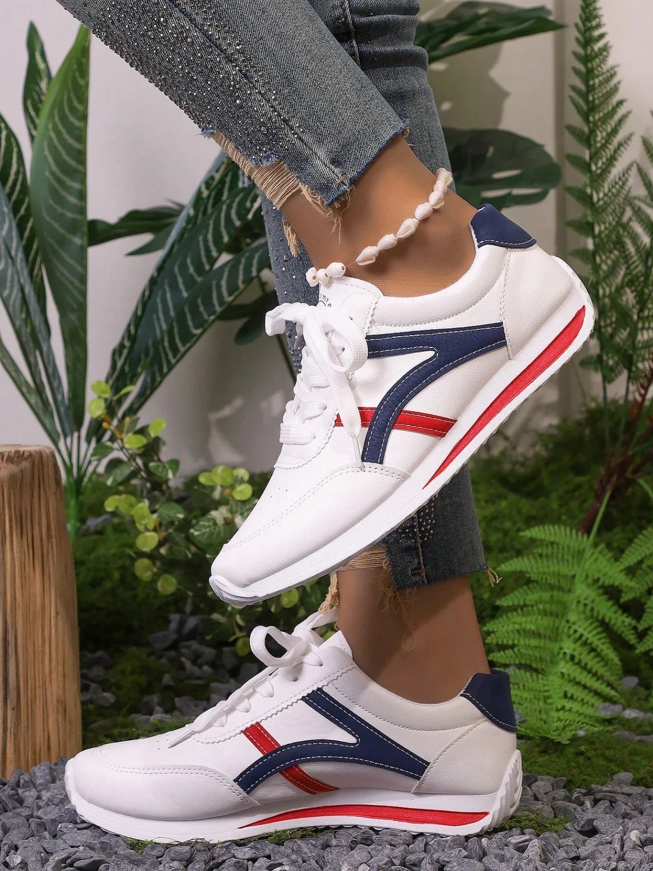 Cushioned White Striped Sneakers for Women – Stylish & Comfortable Design 4