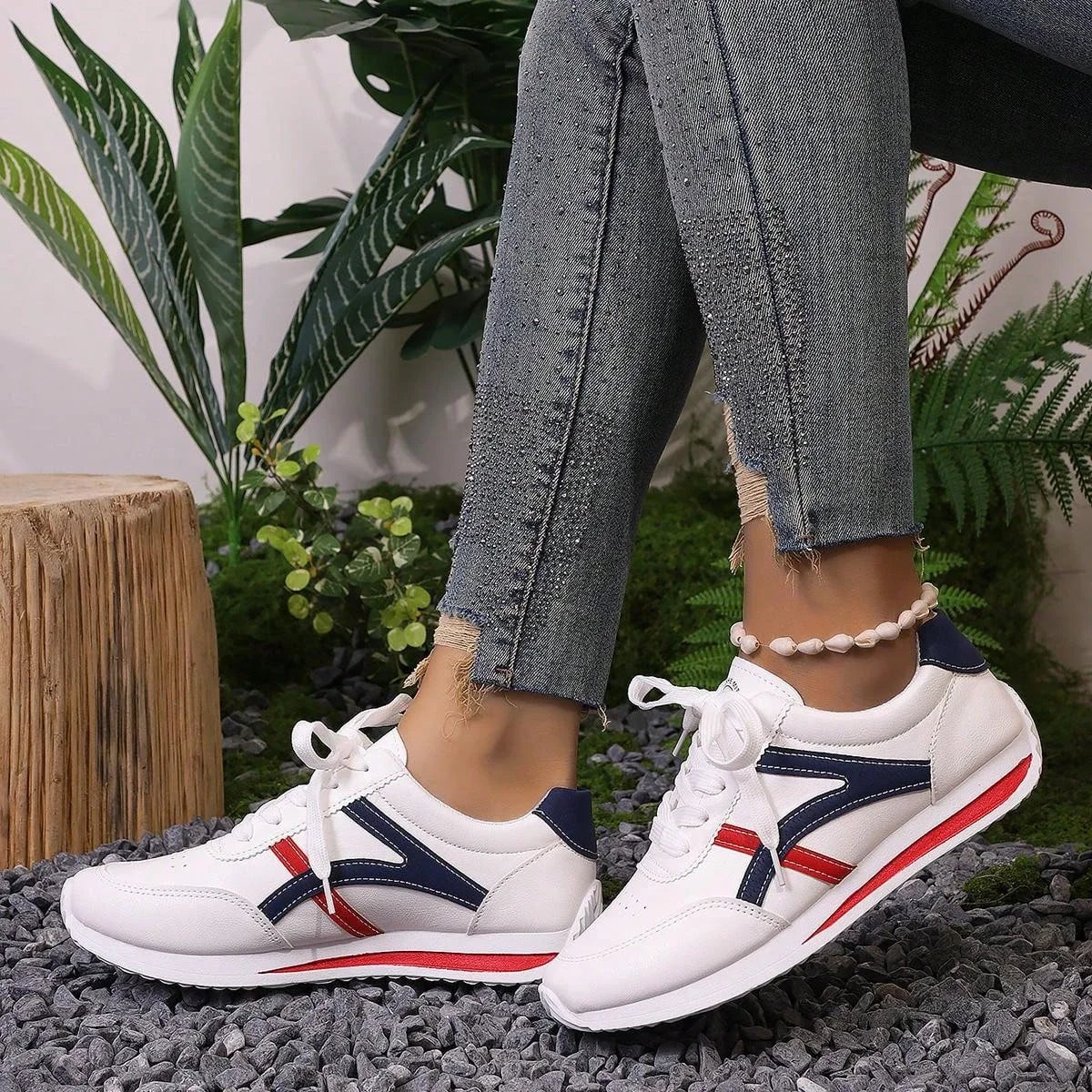 Cushioned White Striped Sneakers for Women – Stylish & Comfortable Design 5