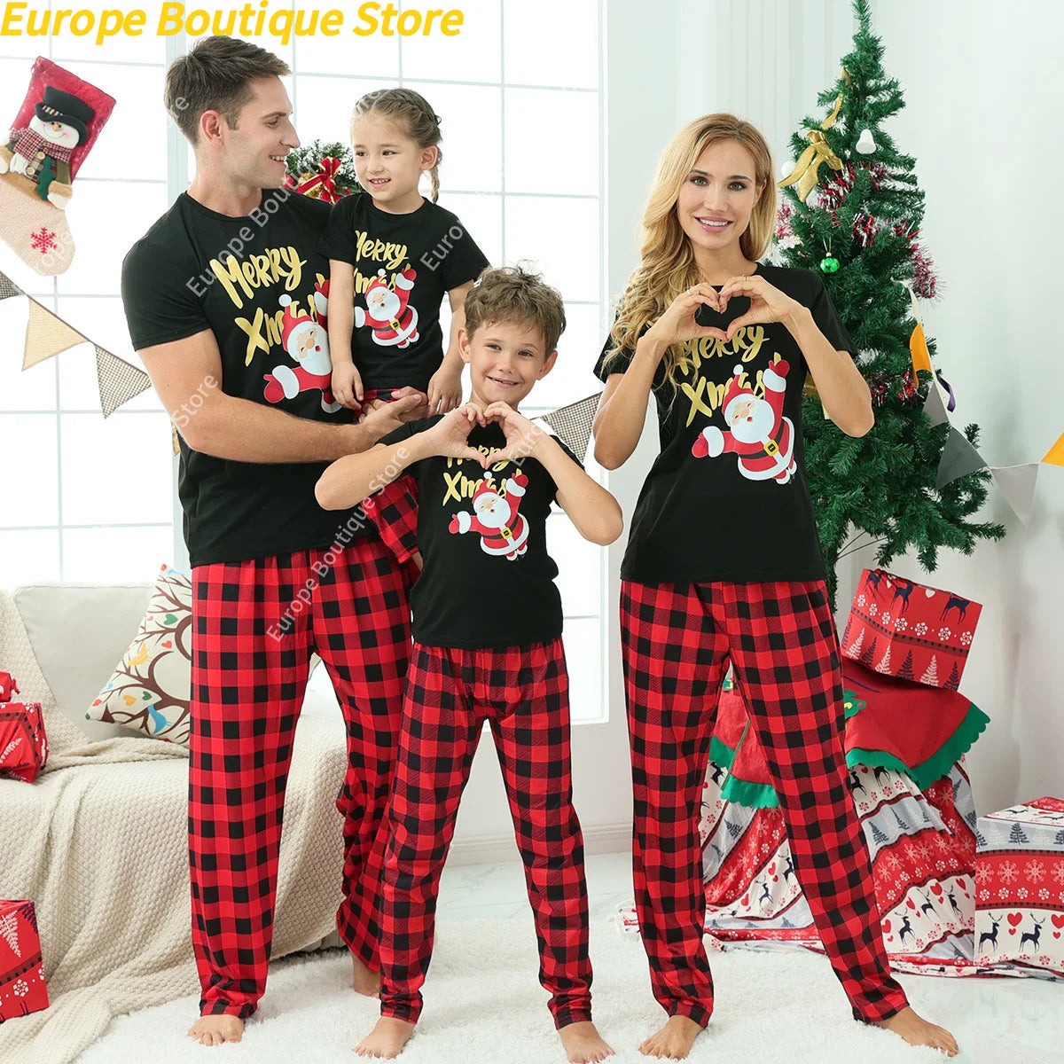 Family Matching Christmas Pajamas Set Short Sleeve Cotton Sleepwear 0