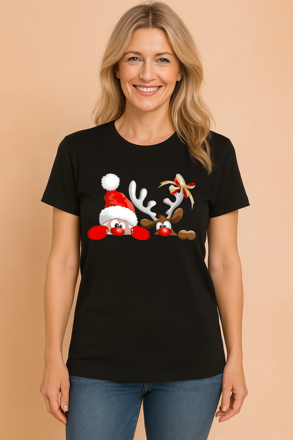 Glenda | T-shirt with a reindeer in a Christmas hat 2