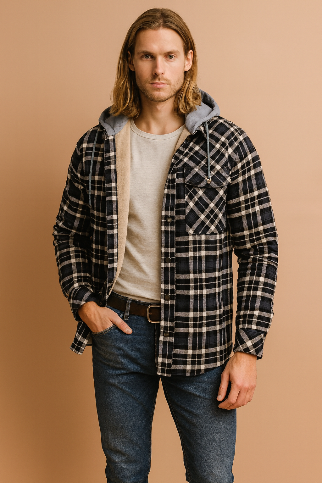 Men's Checked Jacket with Zipper Hood 0