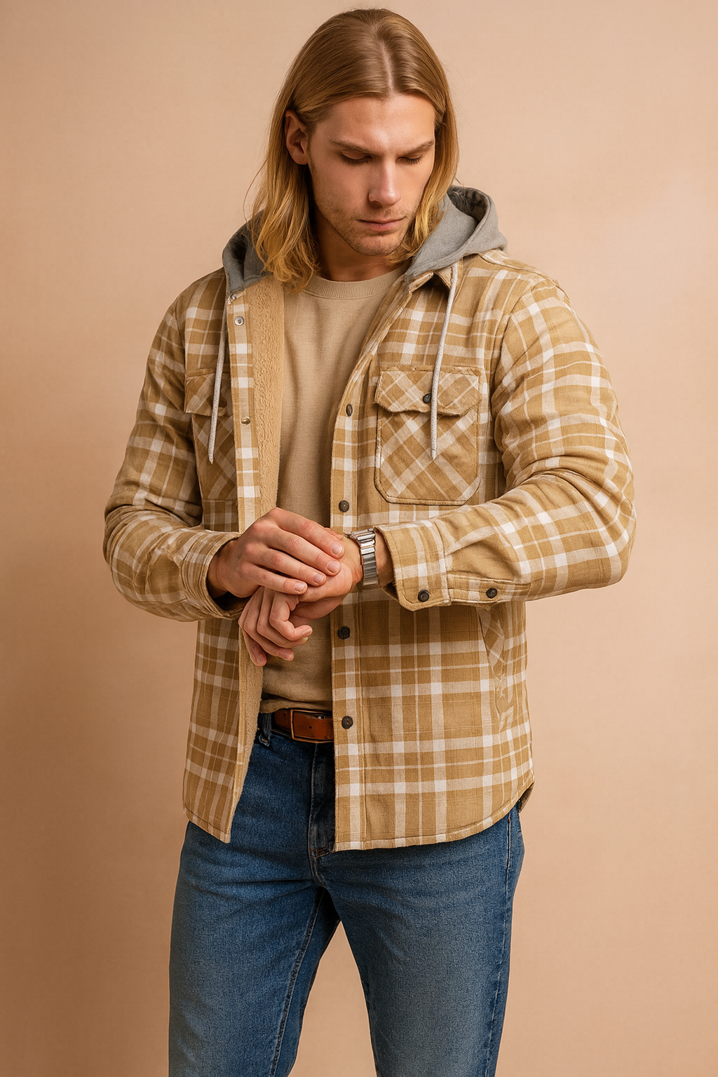 Men's Checked Jacket with Zipper Hood 4