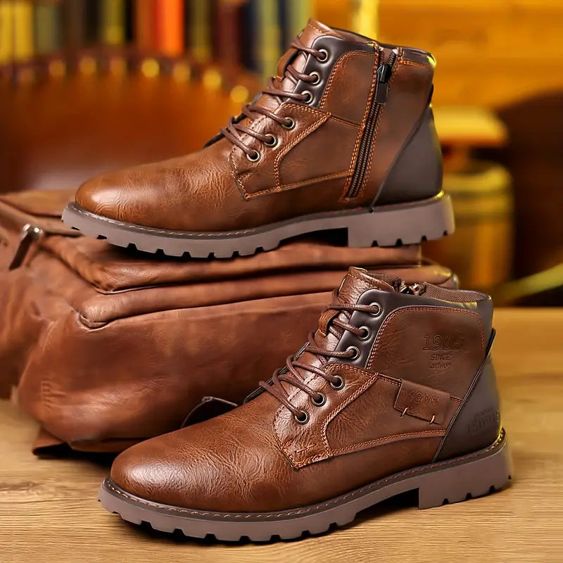 Men's Durable Leather Side Zip Boots with Sturdy Sole 0