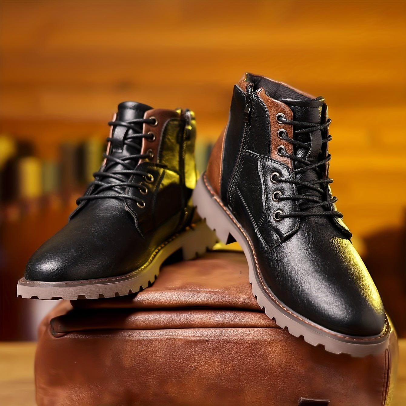 Men's Durable Leather Side Zip Boots with Sturdy Sole 2