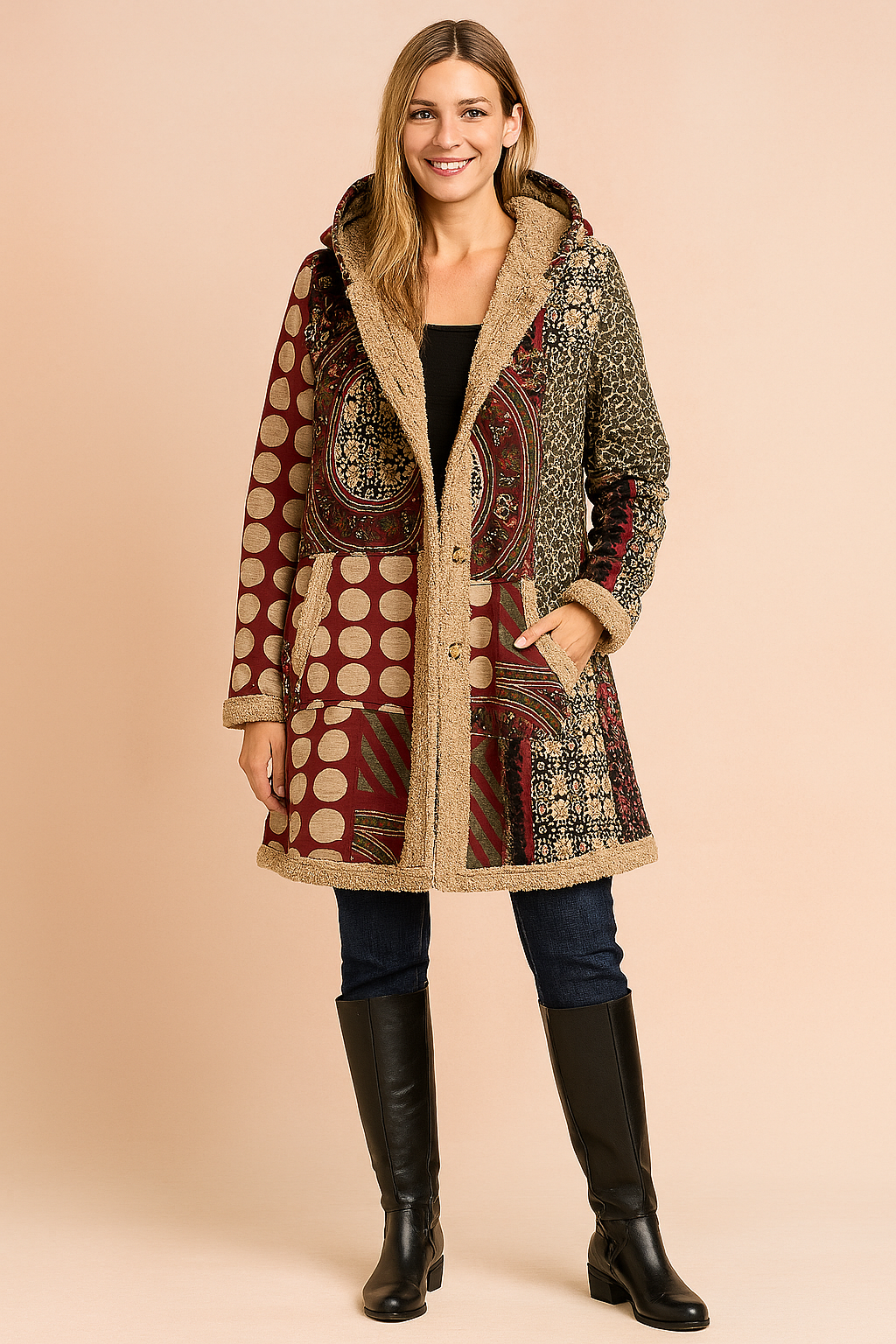 Milena | Long fleece jacket with a hood and a patchwork pattern 3