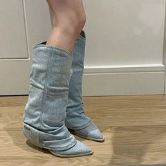 Slouchy Denim Knee-High Boots for Women – Chic & Comfortable 1