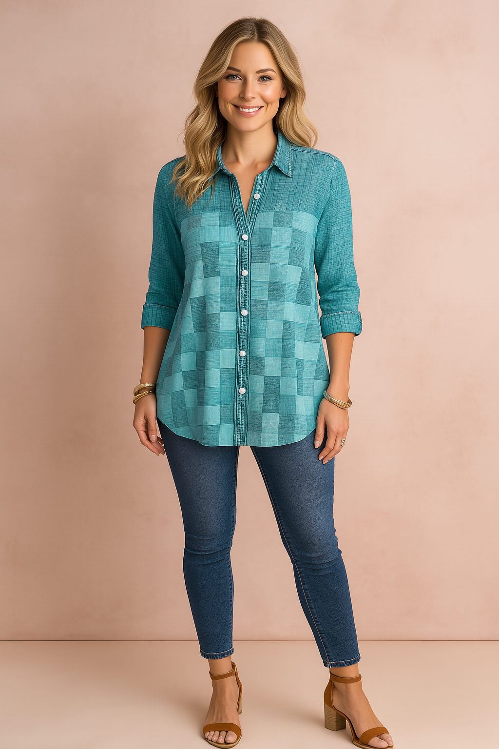 Tressa | Patchwork button-down shirt with 3/4 sleeves 1
