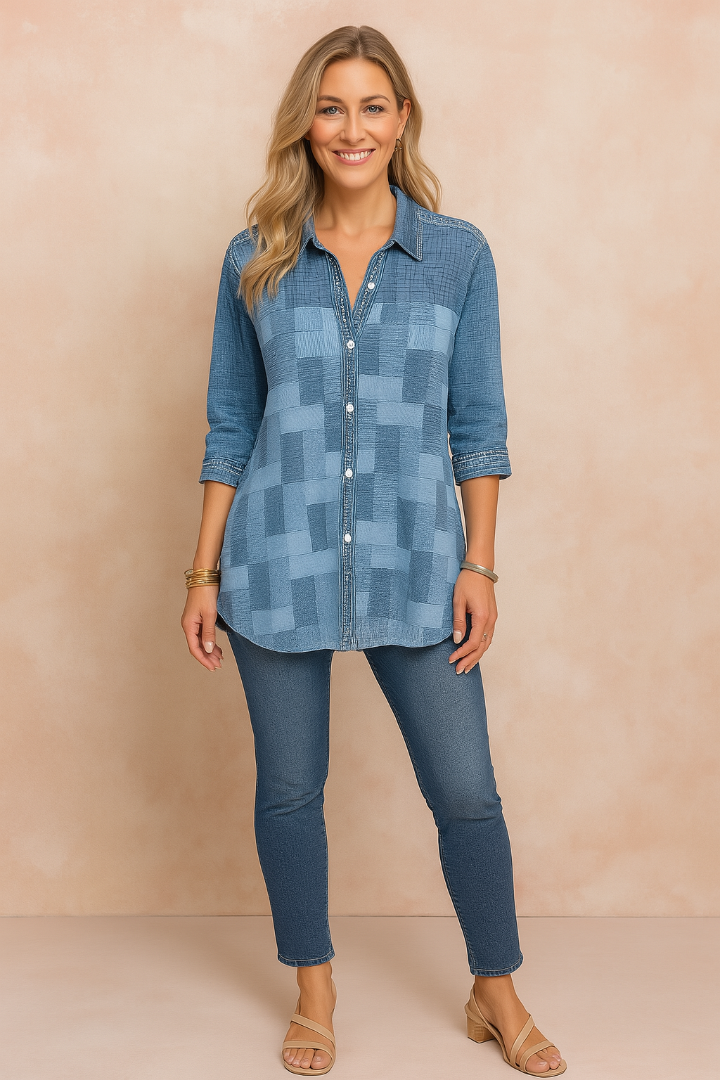 Tressa | Patchwork button-down shirt with 3/4 sleeves 2