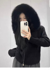 Fur Hooded Knit Jacket – Winter Elegance