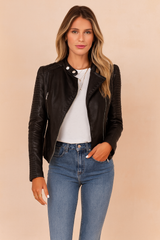 Women's biker jacket with zipper and stand-up collar 1