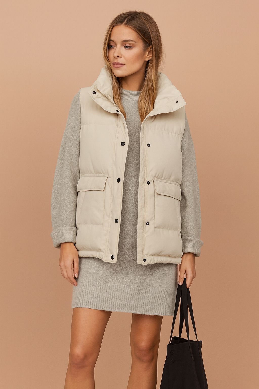 Women's quilted winter vest with pockets and snaps 2