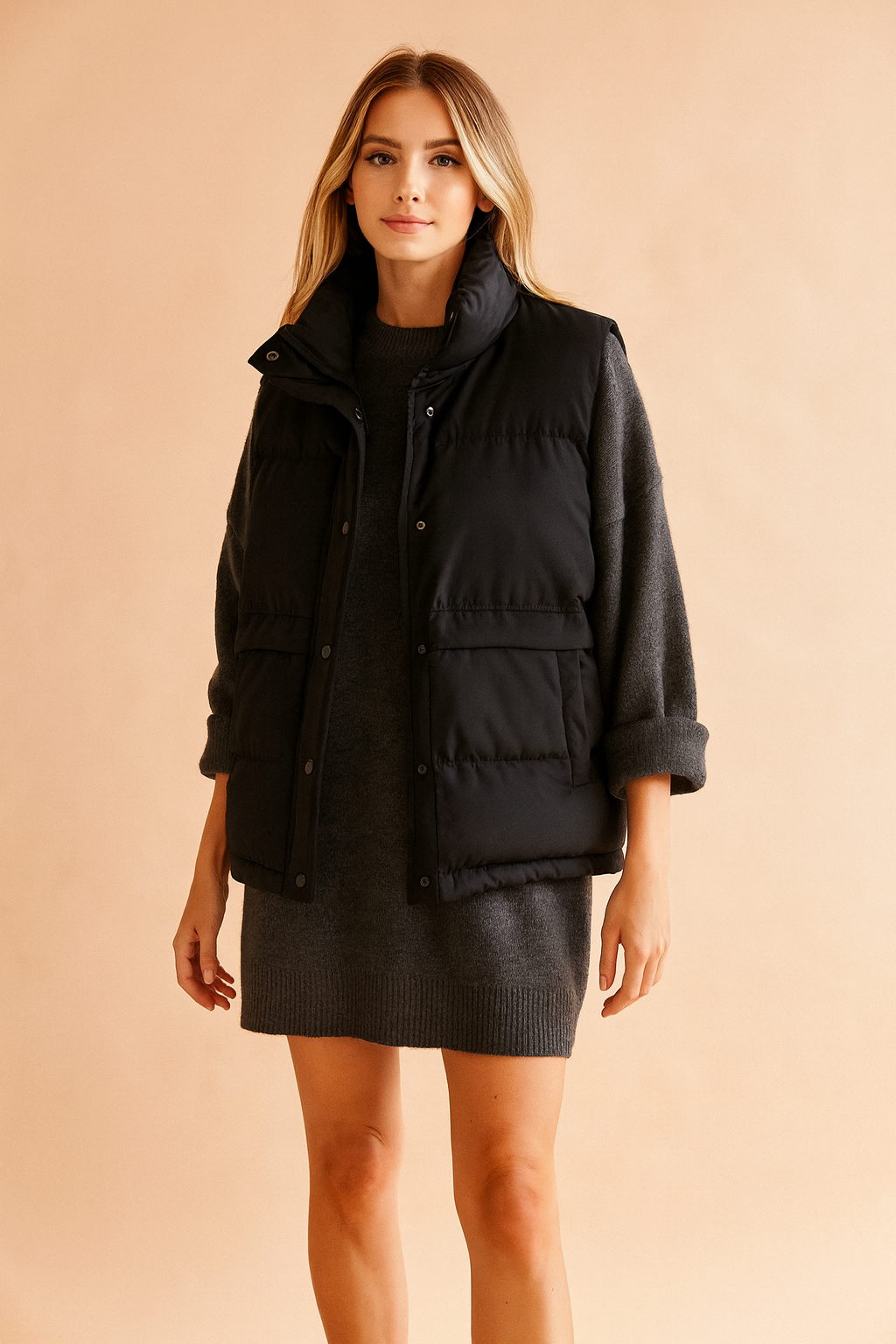 Women's quilted winter vest with pockets and snaps 3
